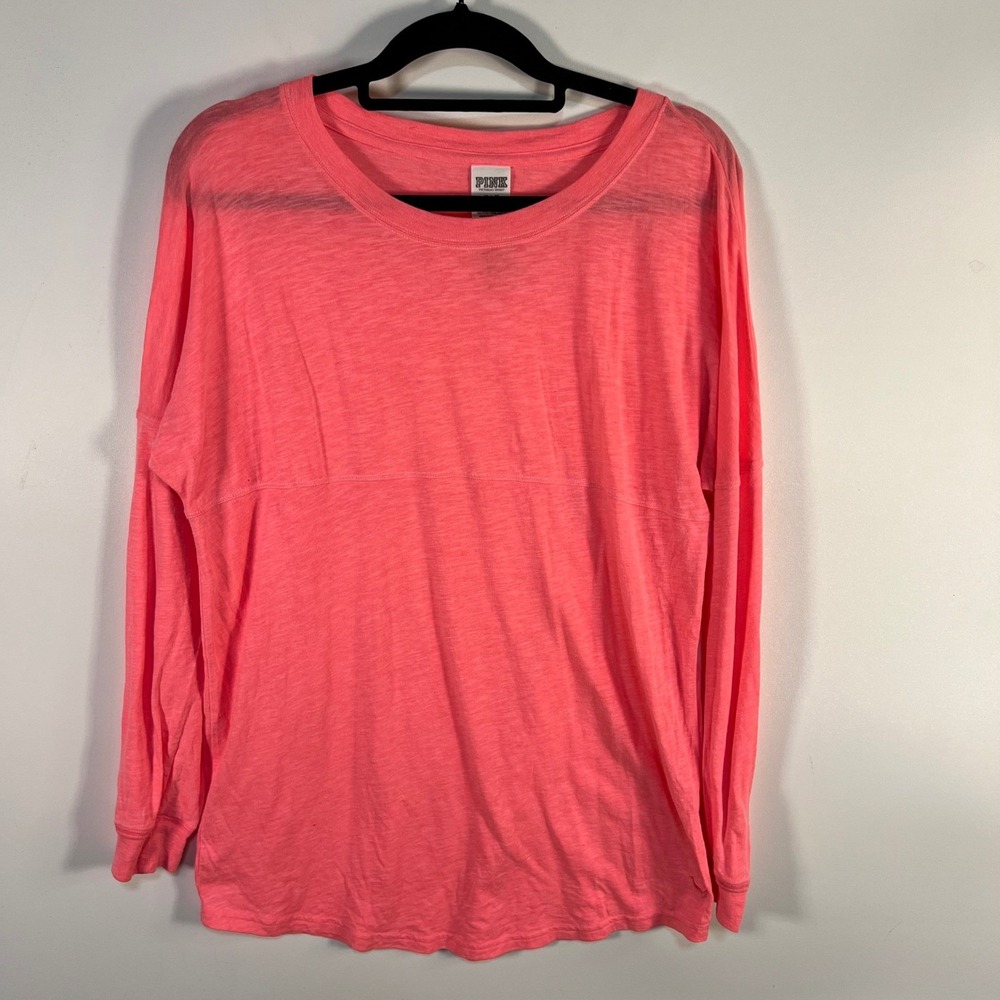 Pink Victoria's Secret Long Sleeve Tee Neon Coral Slub Knit Dog Logo Medium